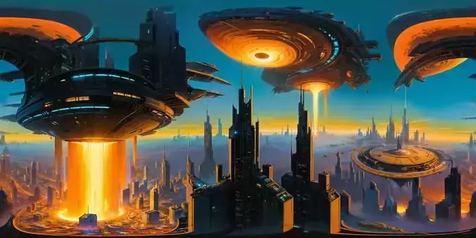 8K HDR Futuristic Cityscape Neon Lights Sky Background