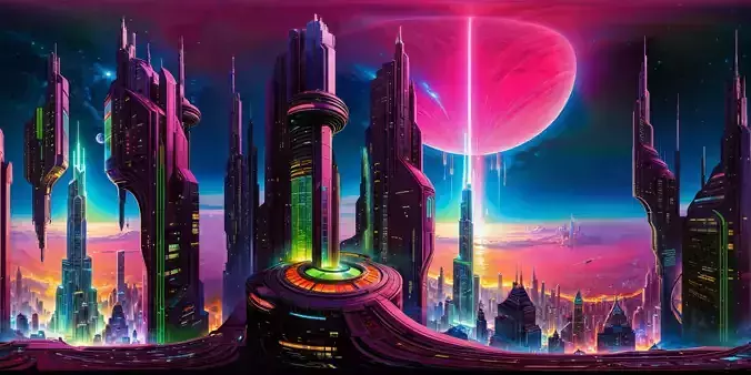 8K HDR Futuristic Cityscape Neon Lights Background