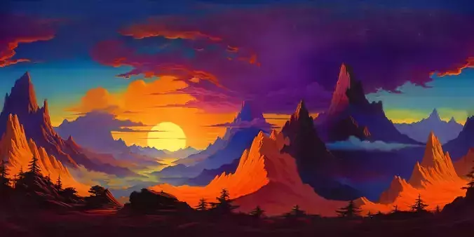 8K HDR Sunset Over Mystical Misty Mountain Range Background