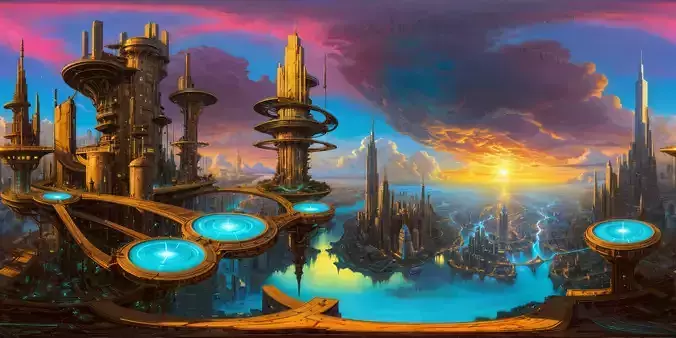 8K HDR Cyberpunk Metropolis Floating Platforms Background