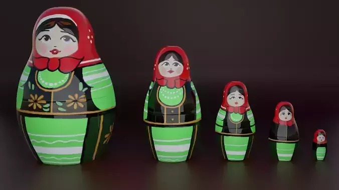 Set of 5 Traditional Matrioska Dolls 3D Models Low-poly 3D model