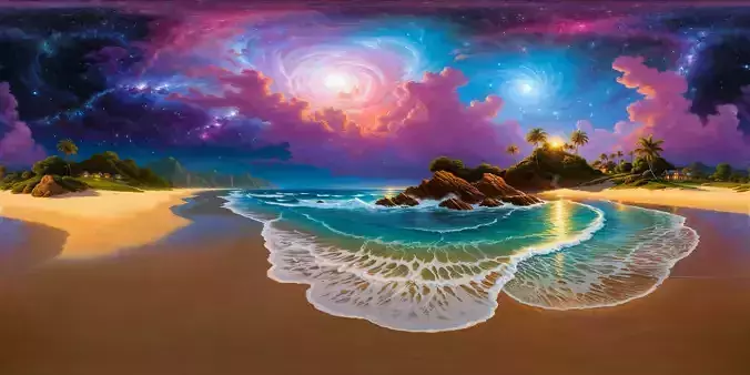 8K HDR Otherworldly Beach with Nebula Sky Background