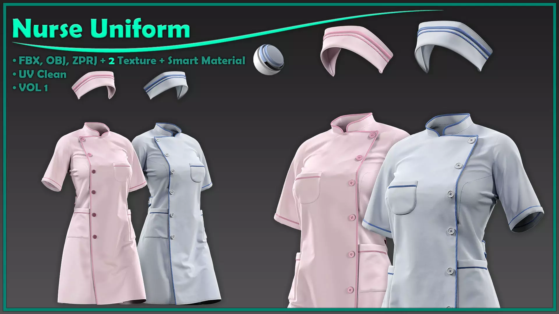 female nurse uniform with 2texture and smart material 3D model_0