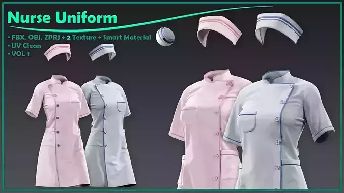 female nurse uniform with 2texture and smart material 3D model