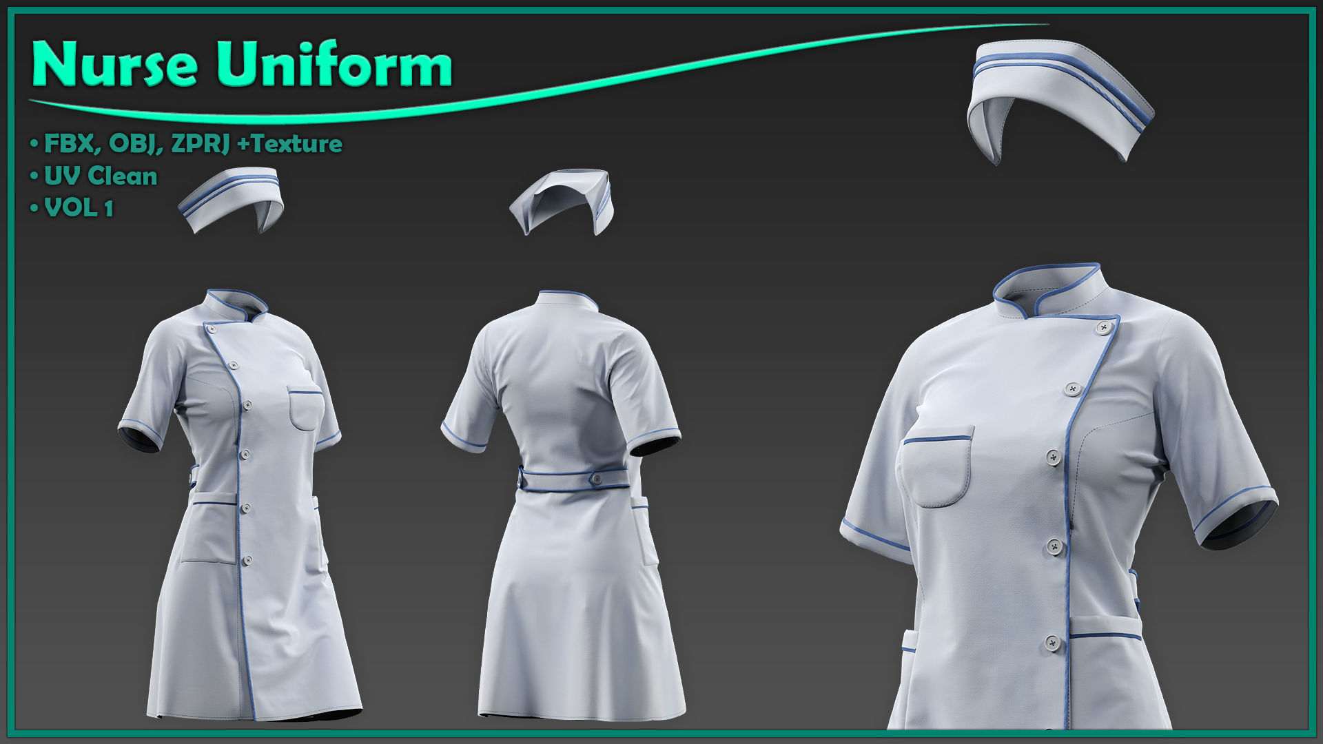 female nurse uniform with 2texture and smart material 3D model_7