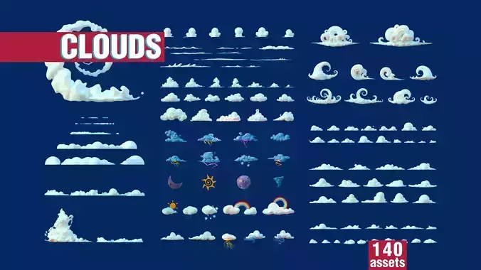 Stylized Cartoon Clouds and Weather Icons pack 140 assets Low-poly 3D model