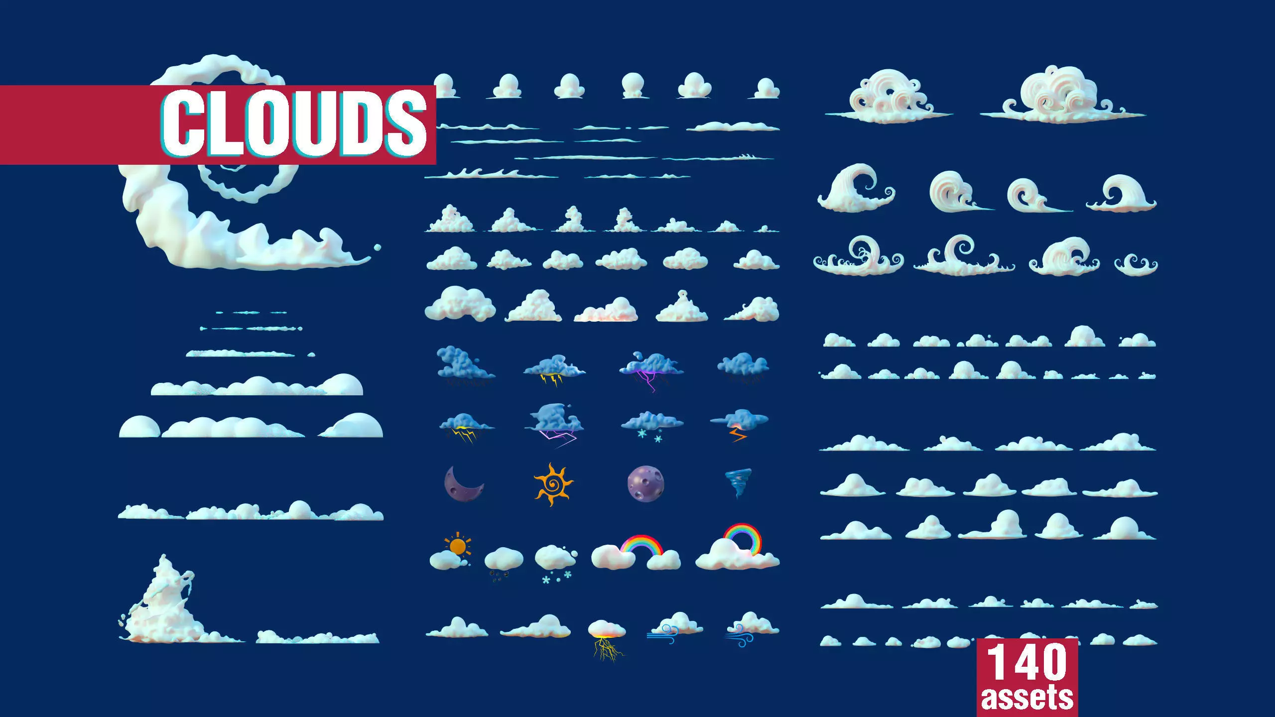 Stylized Cartoon Clouds and Weather Icons pack 140 assets Low-poly 3D model_0
