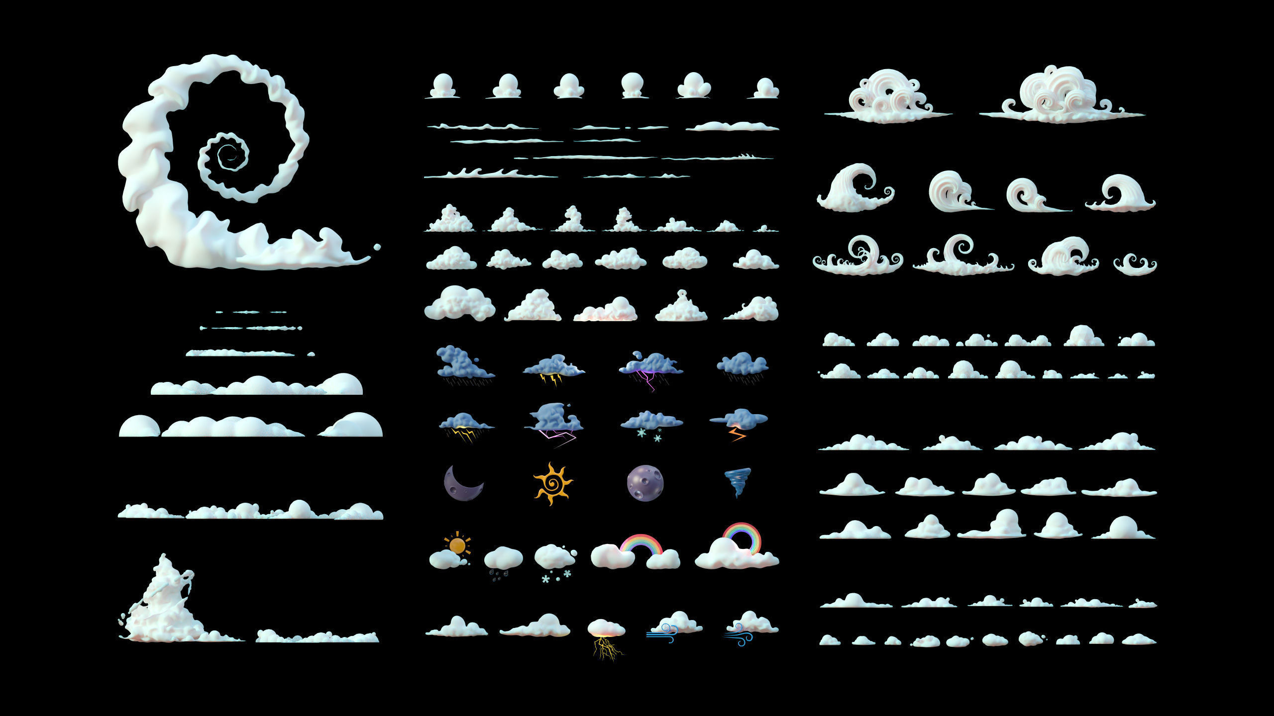 Stylized Cartoon Clouds and Weather Icons pack 140 assets Low-poly 3D model_3