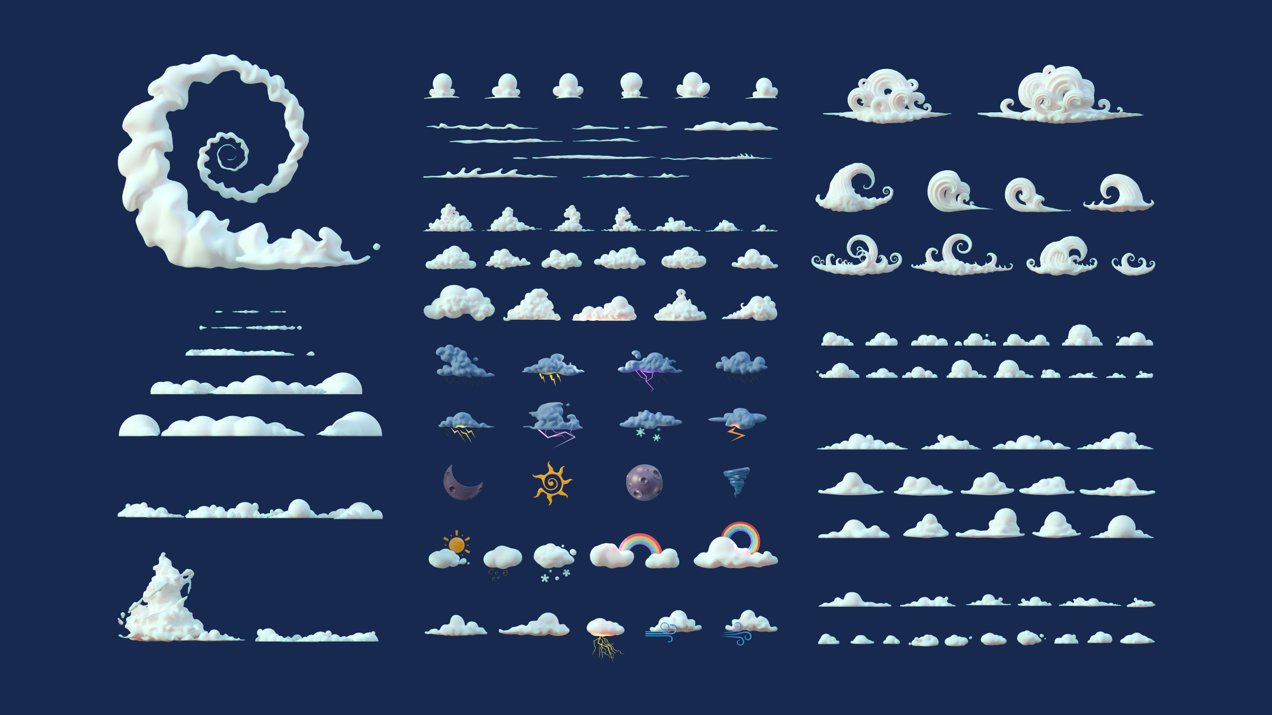 Stylized Cartoon Clouds and Weather Icons pack 140 assets Low-poly 3D model_44