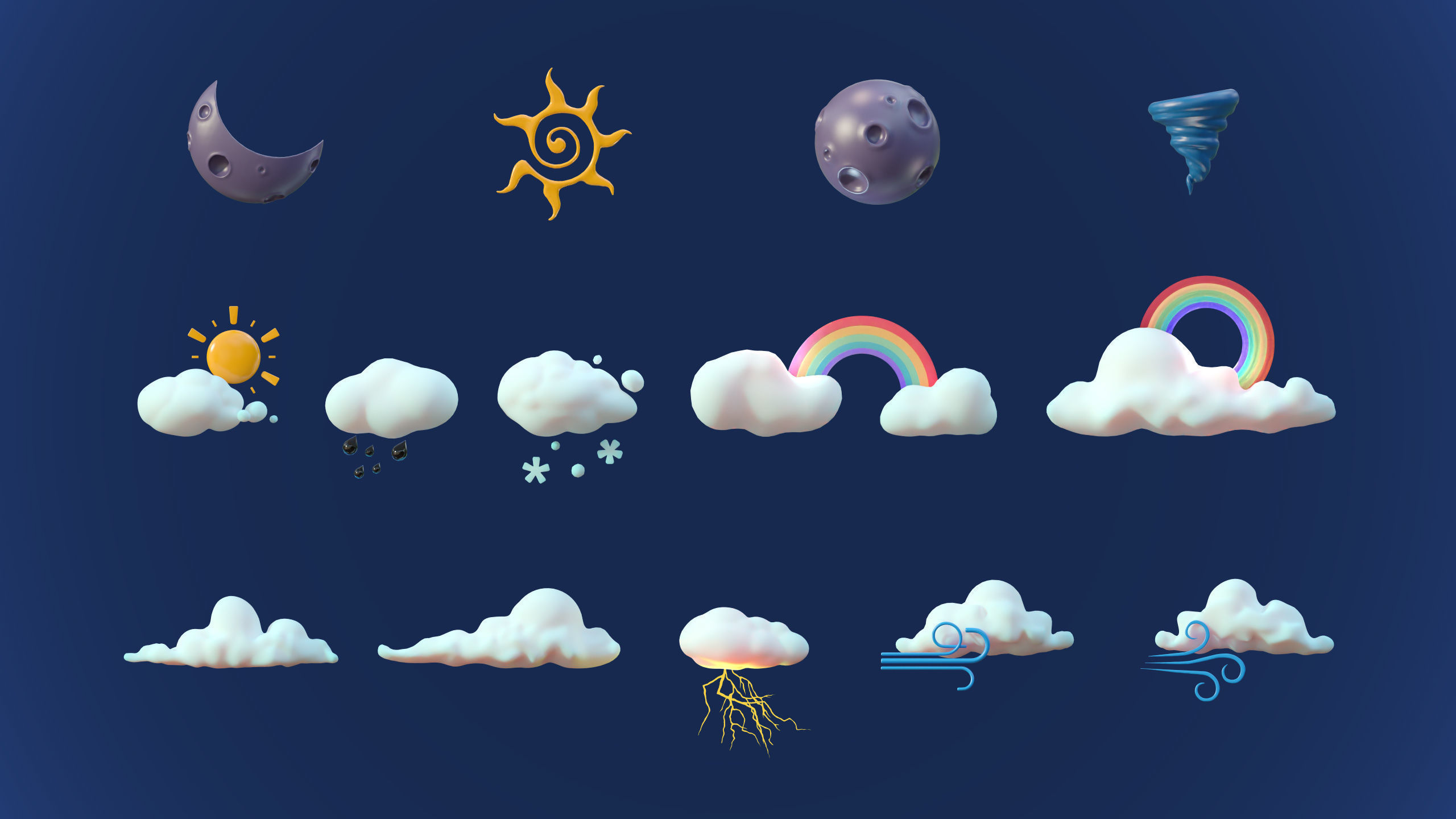 Stylized Cartoon Clouds and Weather Icons pack 140 assets Low-poly 3D model_27