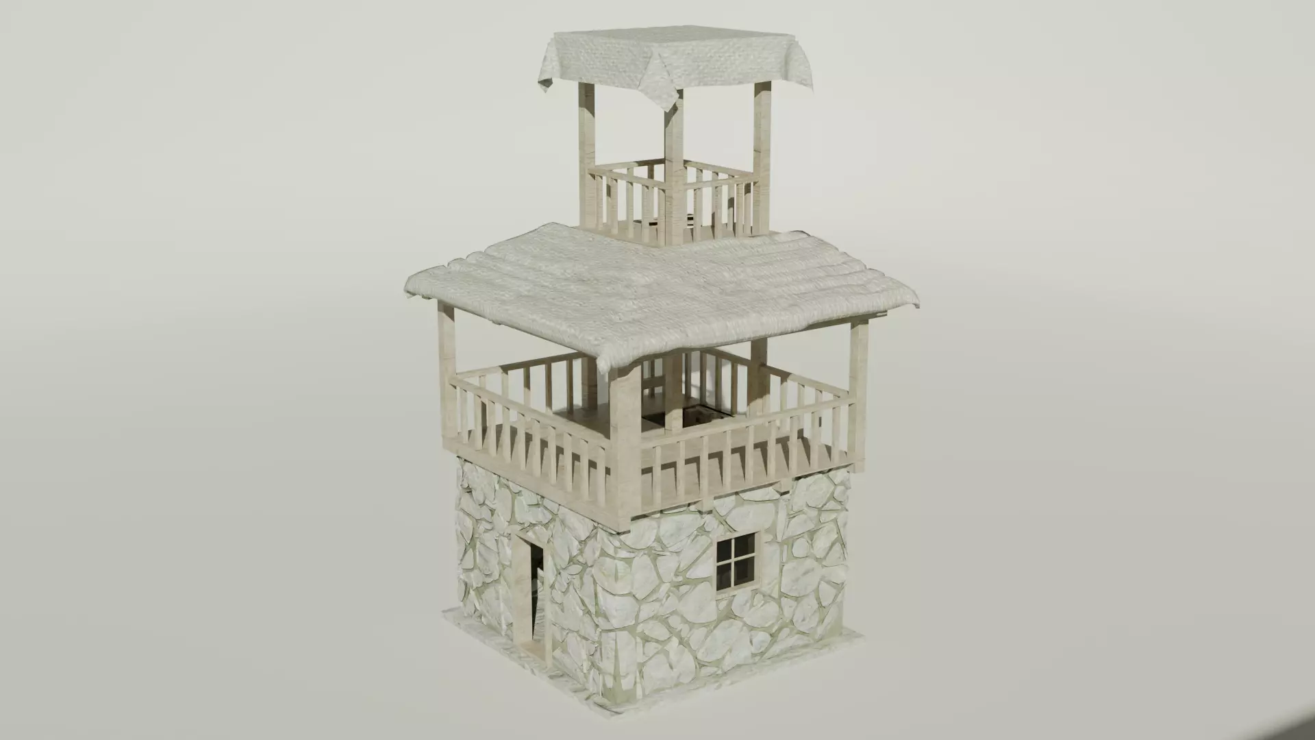 Rustic Wooden and Stone Tower with Balcony and Canopy 3D model