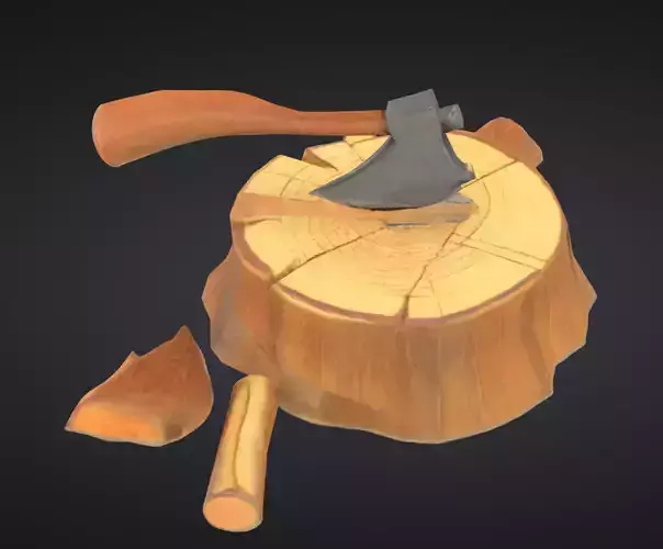 Axe Chopping Wood Stump 3D Model 