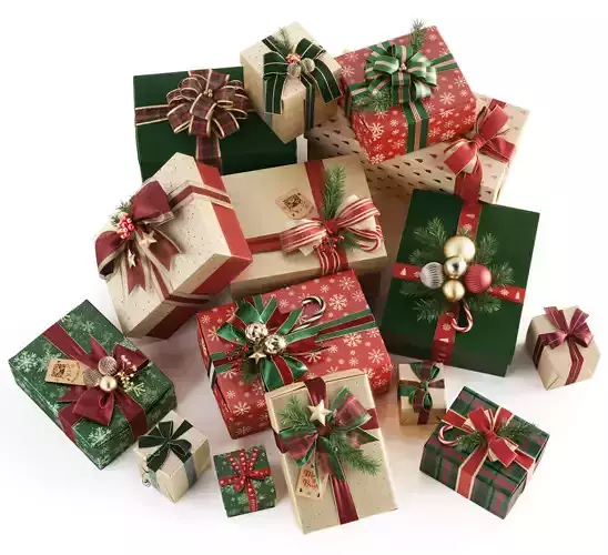 Christmas Gifts Boxes with Ribbons and Pine 3D model