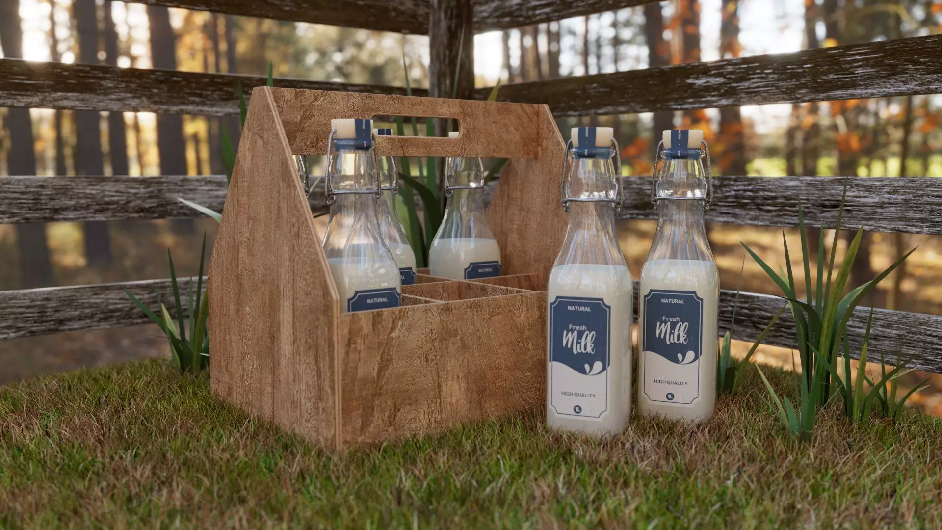 Glass Milk bottles on farm with bottle carrier 3D model_0