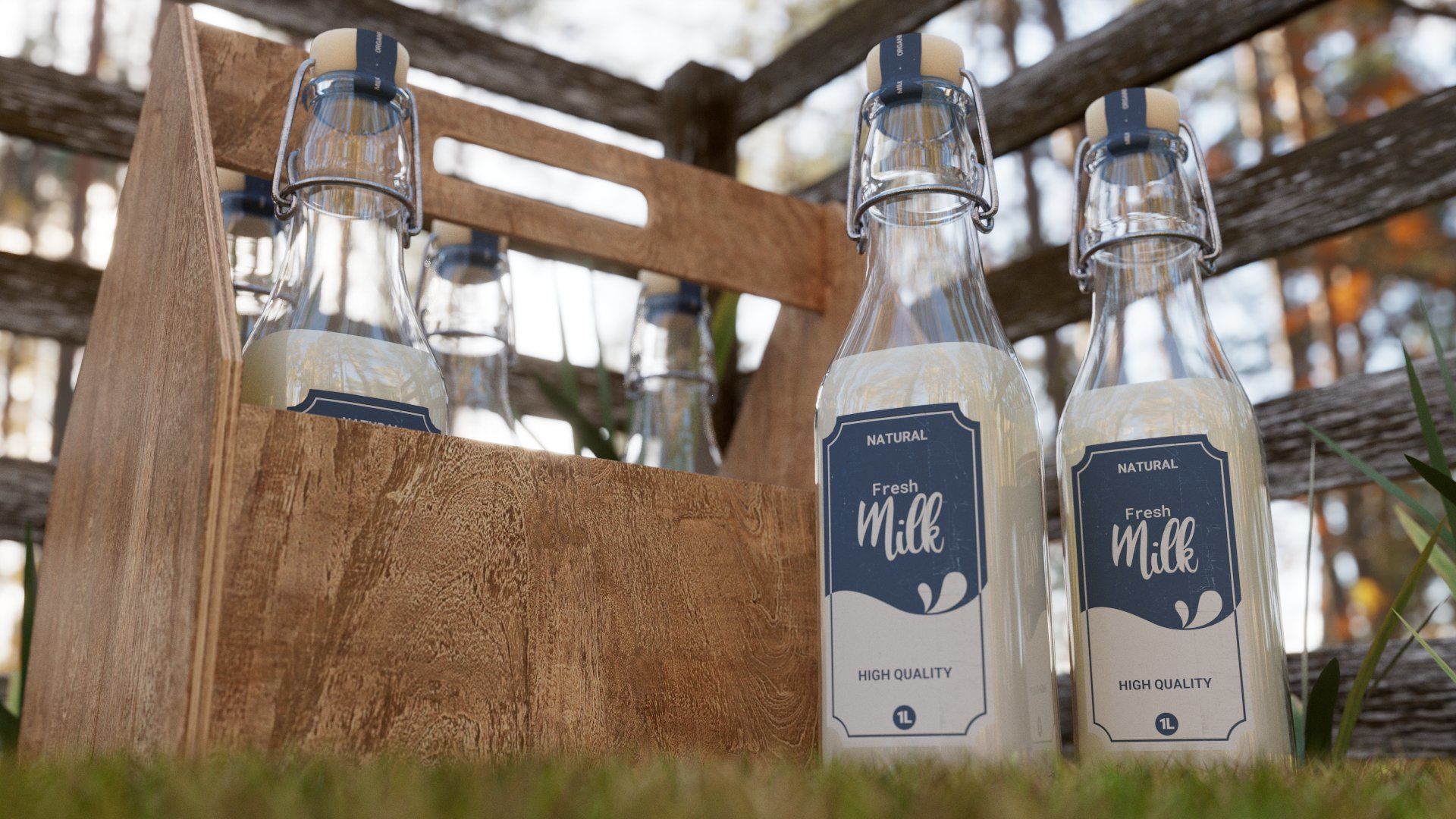 Glass Milk bottles on farm with bottle carrier 3D model_1
