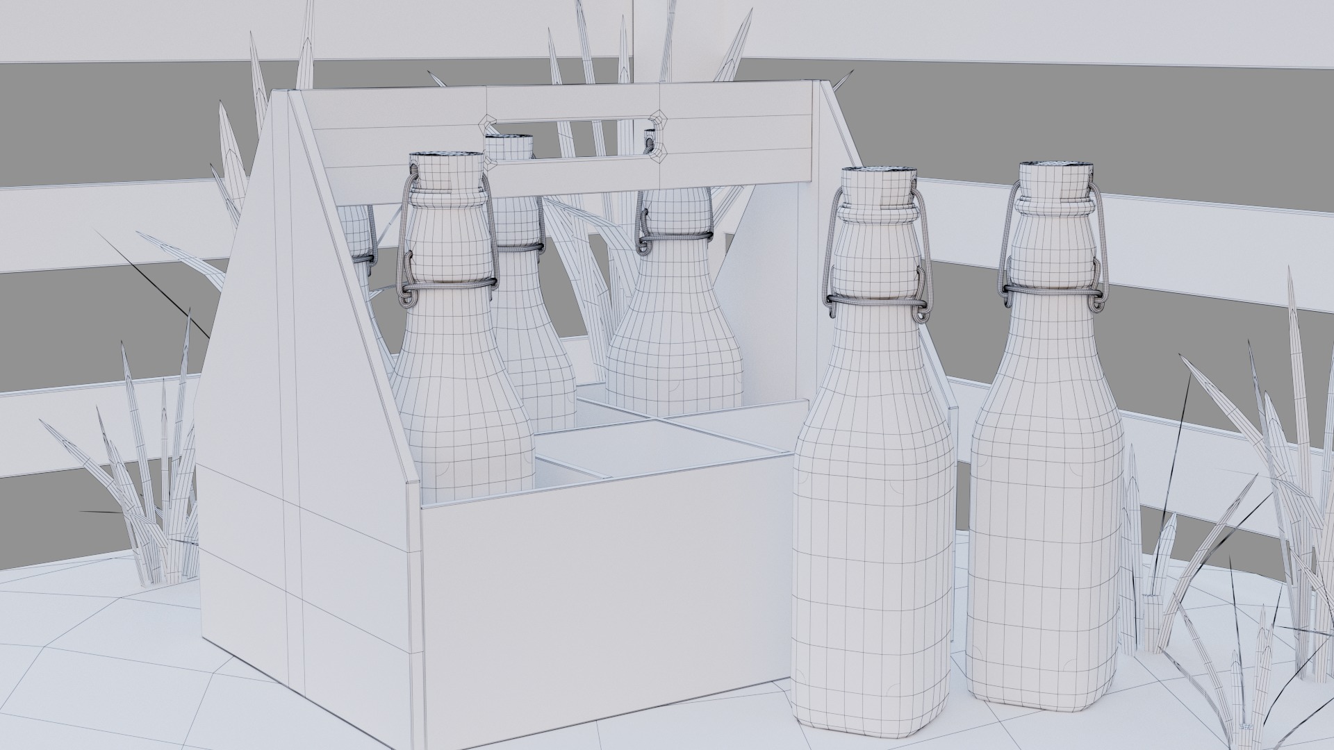Glass Milk bottles on farm with bottle carrier 3D model_2