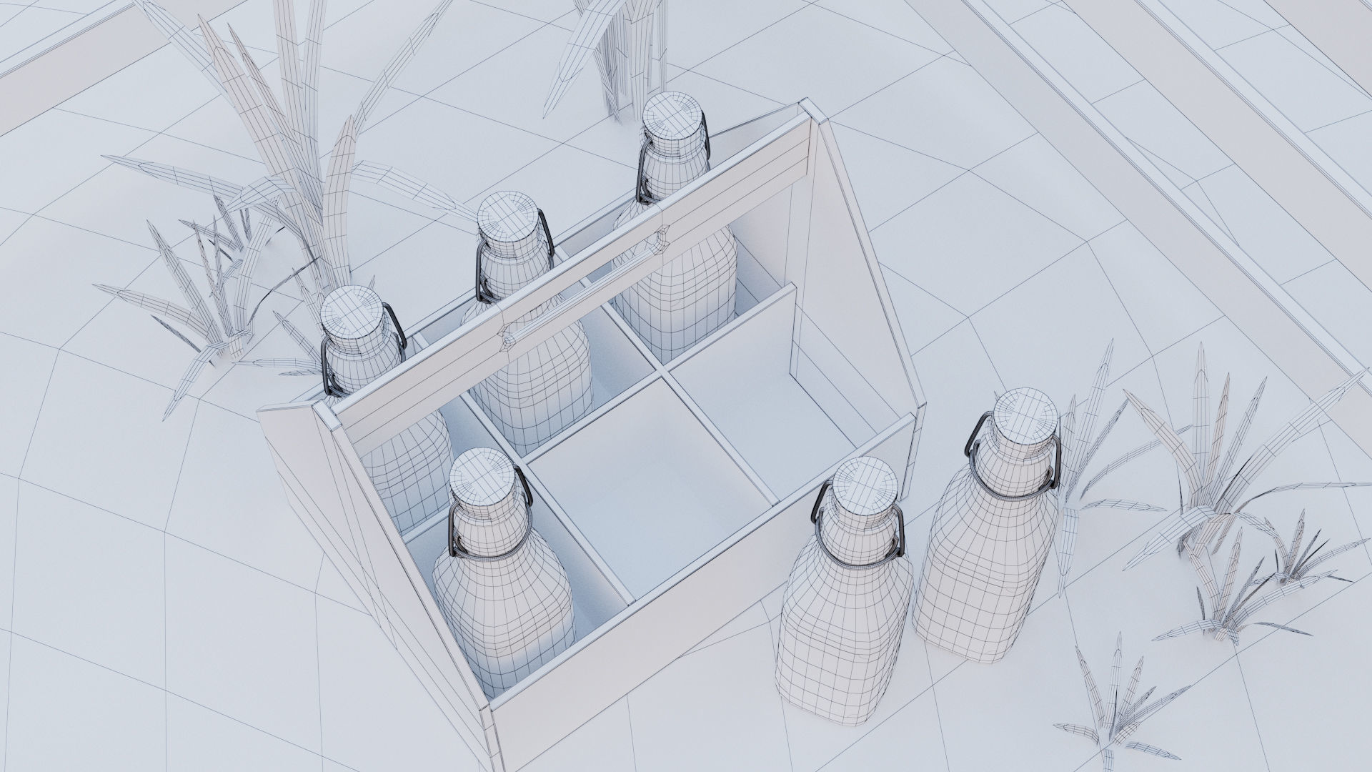 Glass Milk bottles on farm with bottle carrier 3D model_3