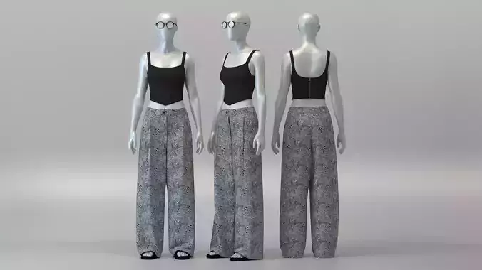 Denim Corset and Wide Leg Pleated Trousers 3D model