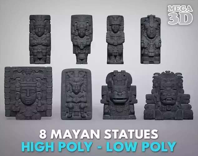 8 Mayan Statues - 241210 Low-poly 3D model