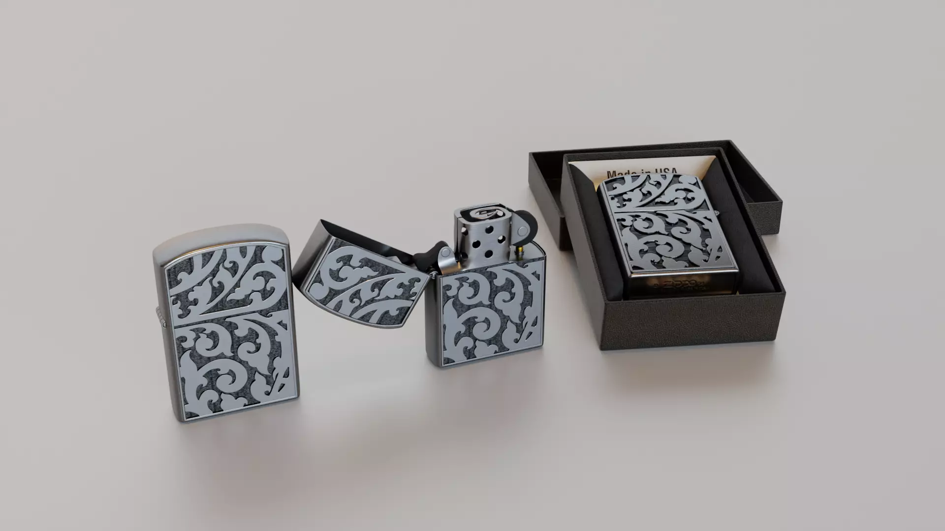 Zippo Lighter with Floral Design 3D model_0