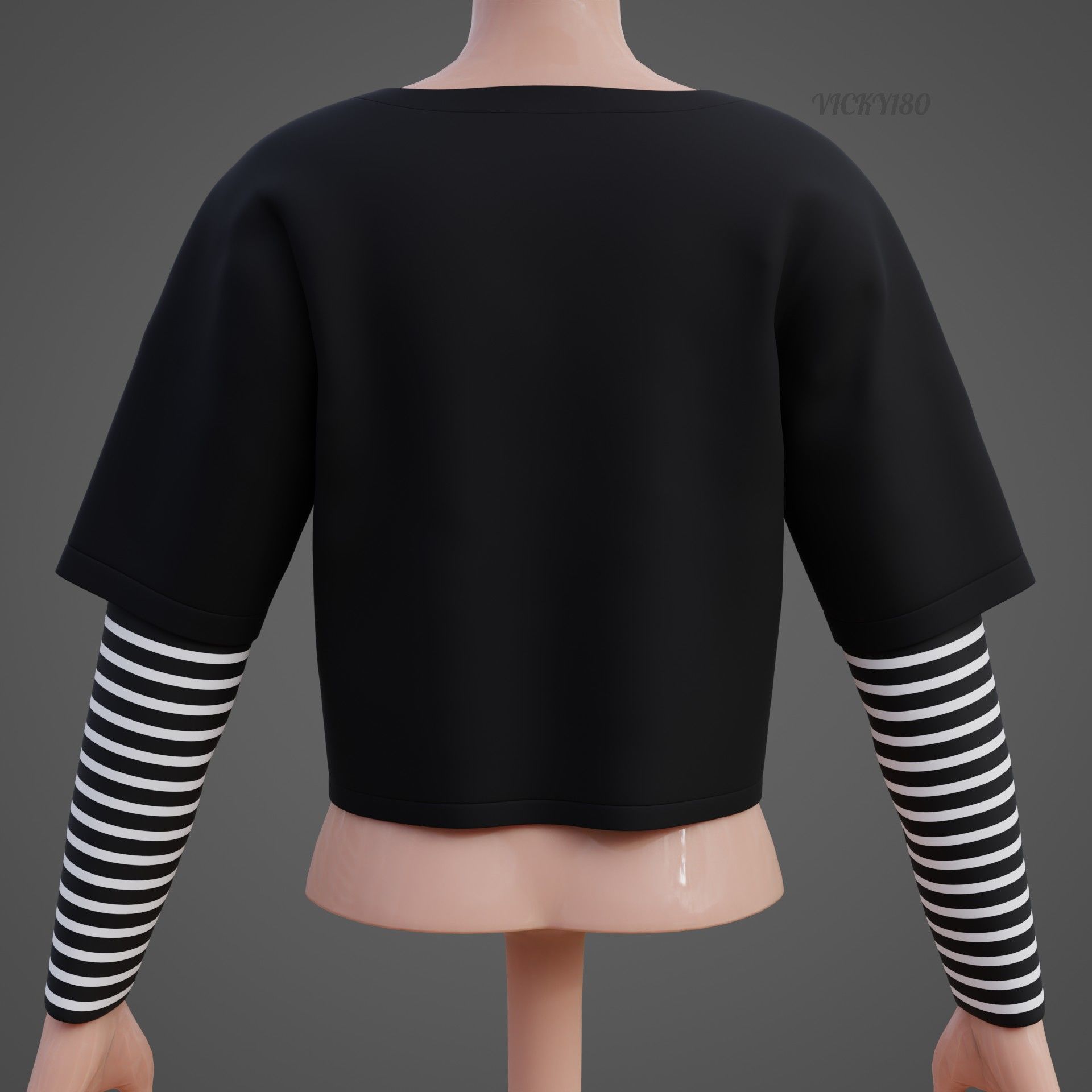 Y2K Grunge Crop top - Goth Stripes Long Sleeve 2piece punk shirt Low-poly 3D model_15