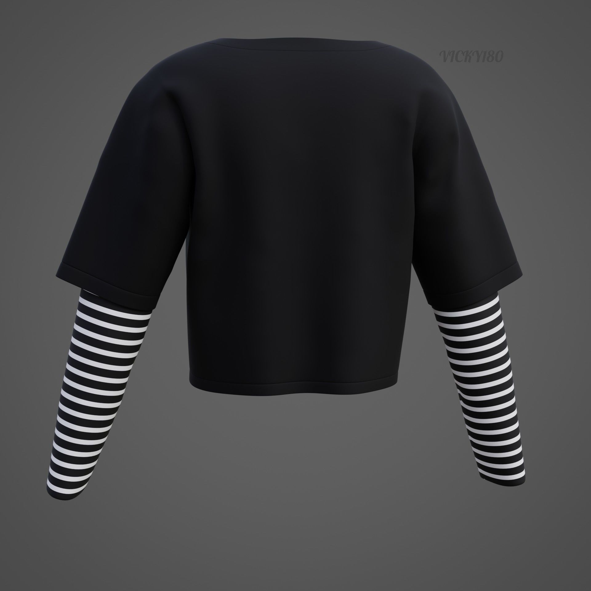 Y2K Grunge Crop top - Goth Stripes Long Sleeve 2piece punk shirt Low-poly 3D model_31