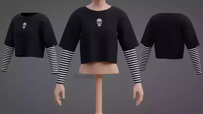 Y2K Grunge Crop top - Goth Stripes Long Sleeve 2piece punk shirt Low-poly 3D model