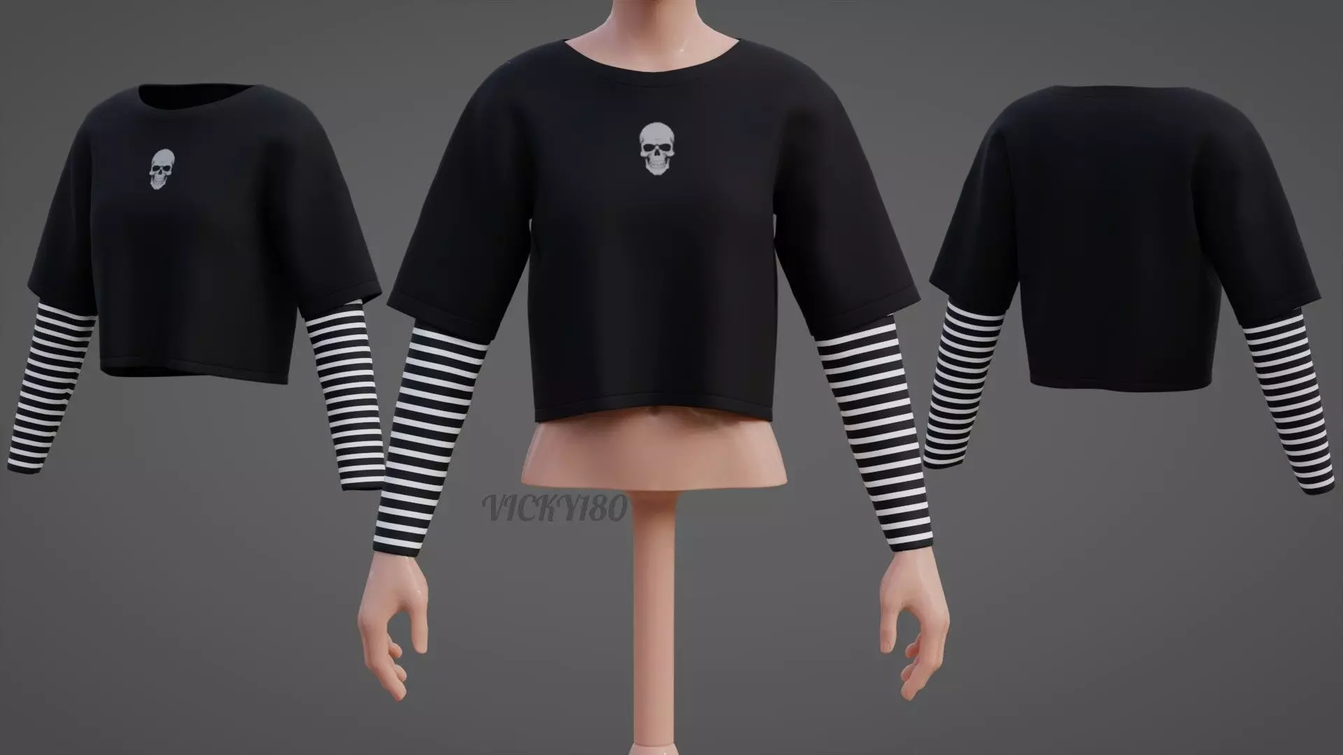 Y2K Grunge Crop top - Goth Stripes Long Sleeve 2piece punk shirt Low-poly 3D model_0