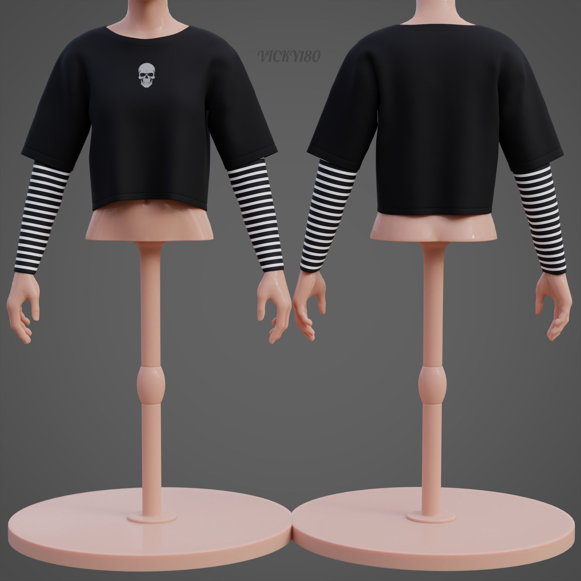 Y2K Grunge Crop top - Goth Stripes Long Sleeve 2piece punk shirt Low-poly 3D model_26