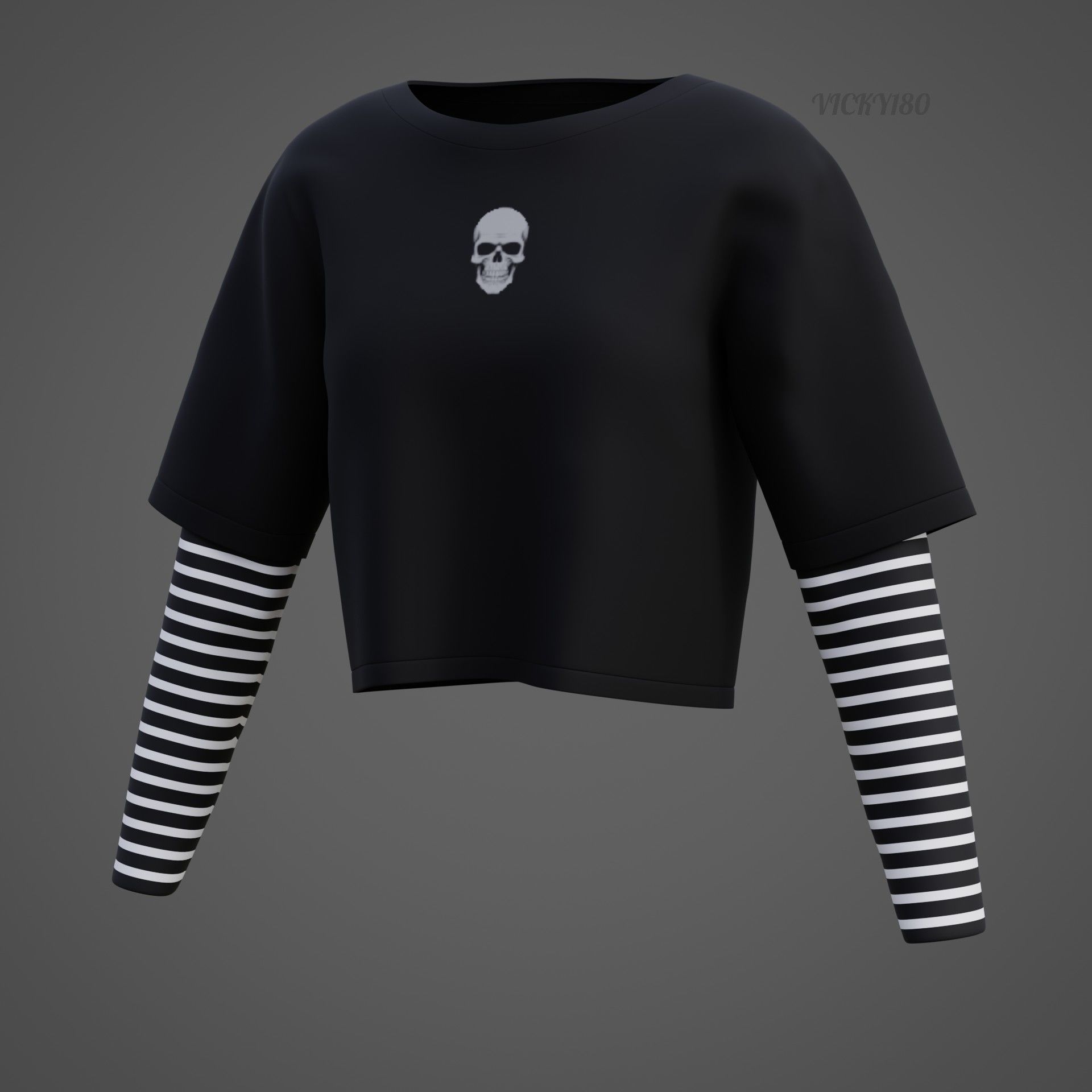 Y2K Grunge Crop top - Goth Stripes Long Sleeve 2piece punk shirt Low-poly 3D model_34