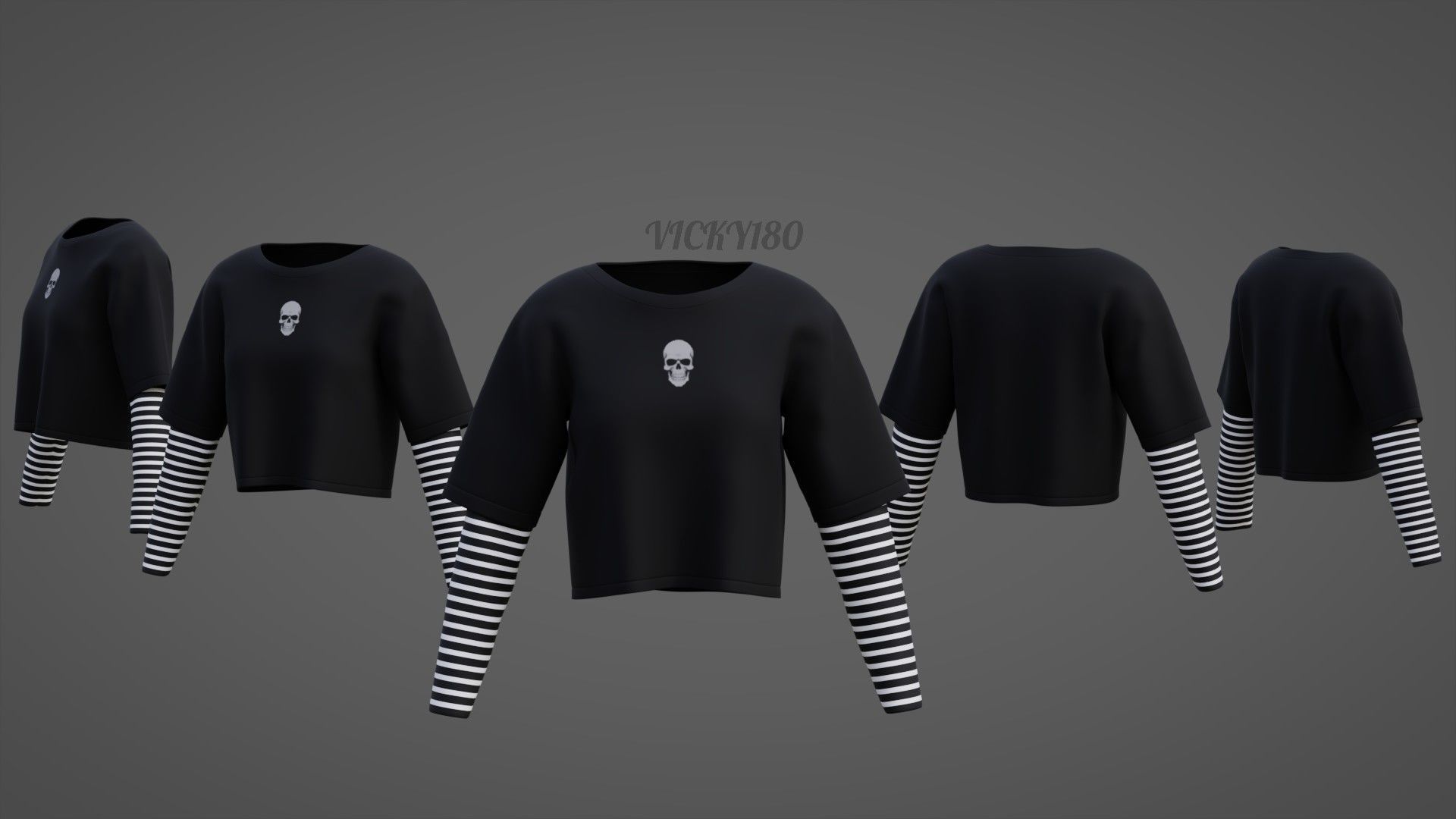 Y2K Grunge Crop top - Goth Stripes Long Sleeve 2piece punk shirt Low-poly 3D model_5