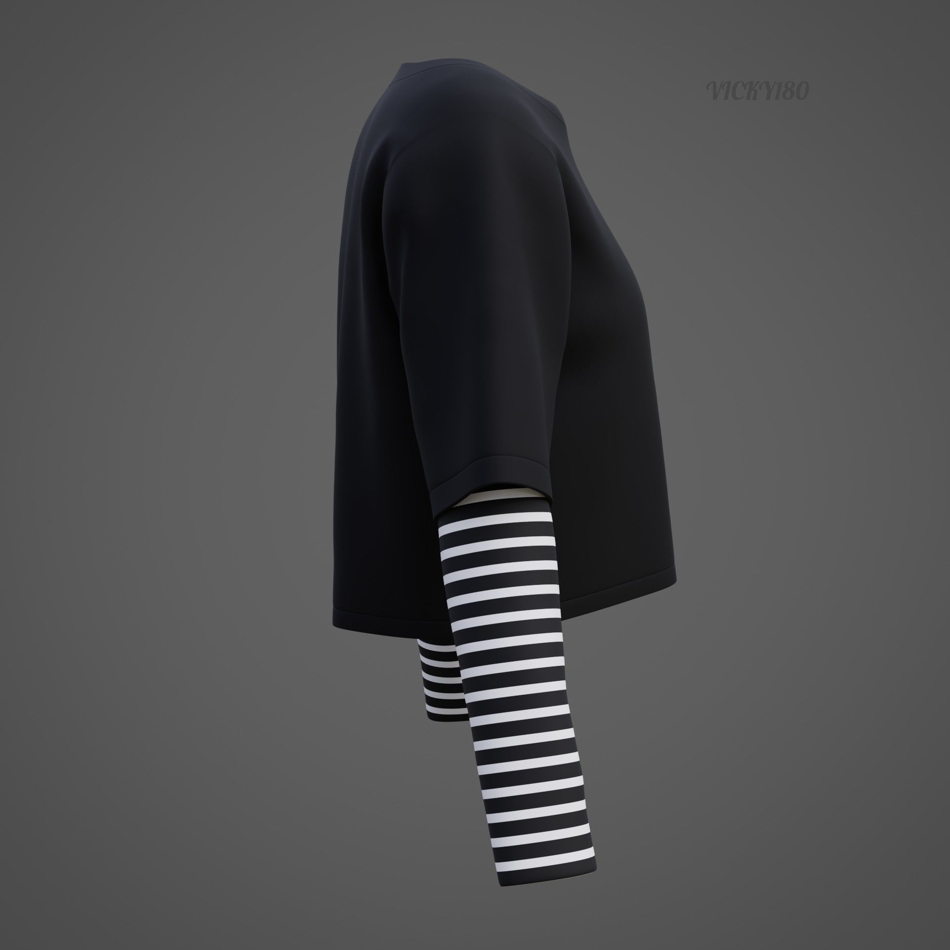 Y2K Grunge Crop top - Goth Stripes Long Sleeve 2piece punk shirt Low-poly 3D model_29