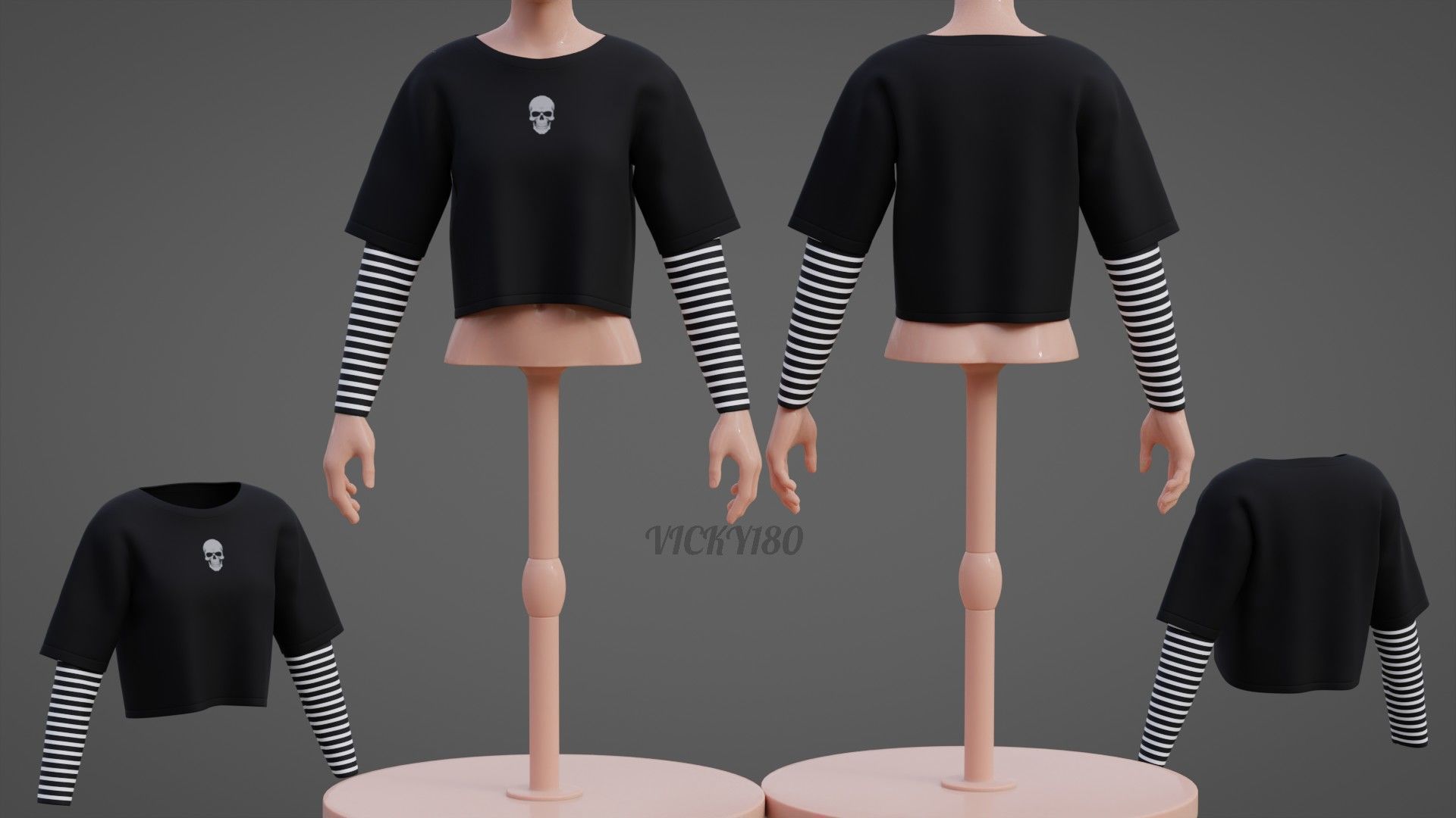 Y2K Grunge Crop top - Goth Stripes Long Sleeve 2piece punk shirt Low-poly 3D model_3
