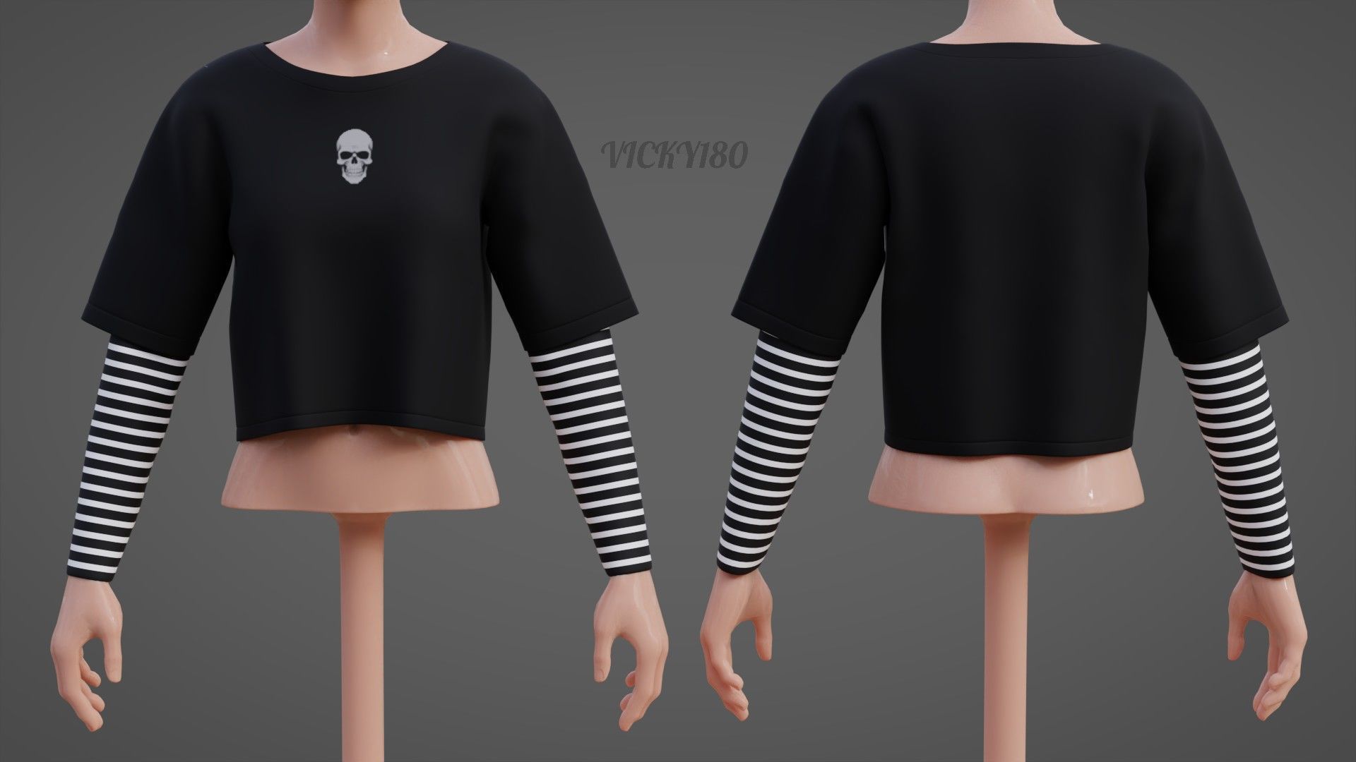 Y2K Grunge Crop top - Goth Stripes Long Sleeve 2piece punk shirt Low-poly 3D model_6