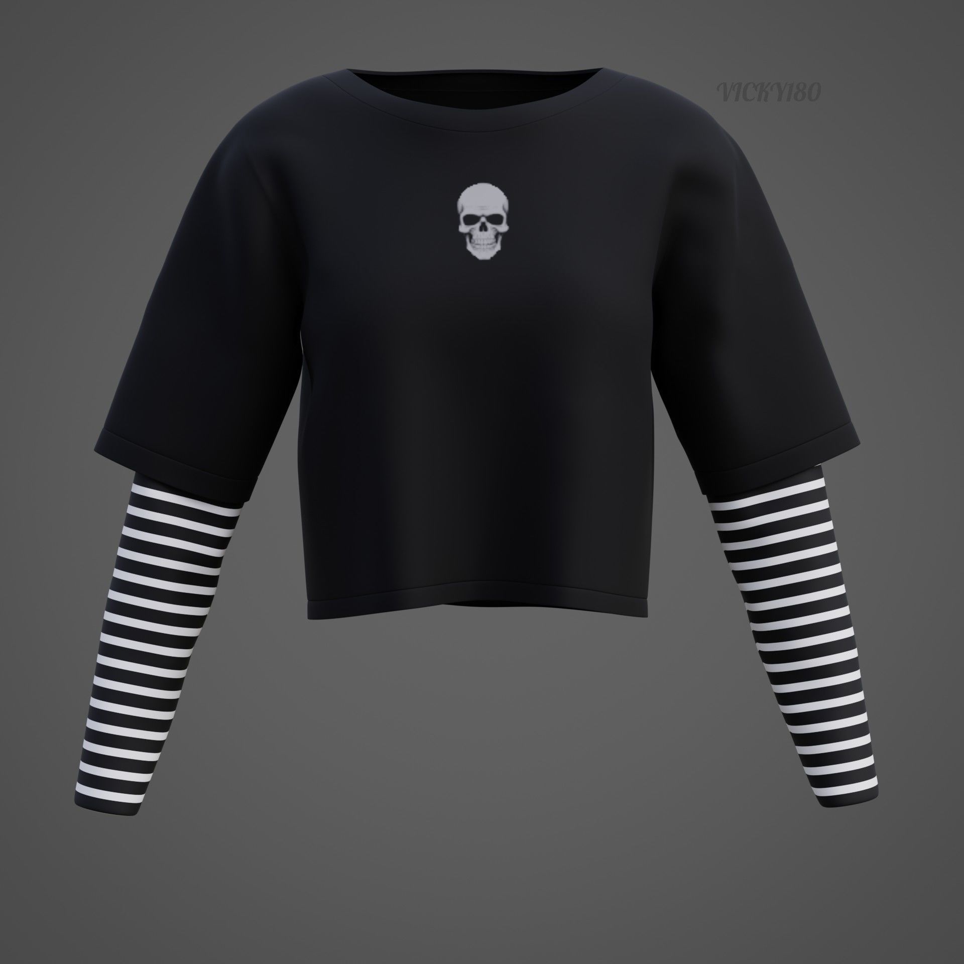 Y2K Grunge Crop top - Goth Stripes Long Sleeve 2piece punk shirt Low-poly 3D model_27