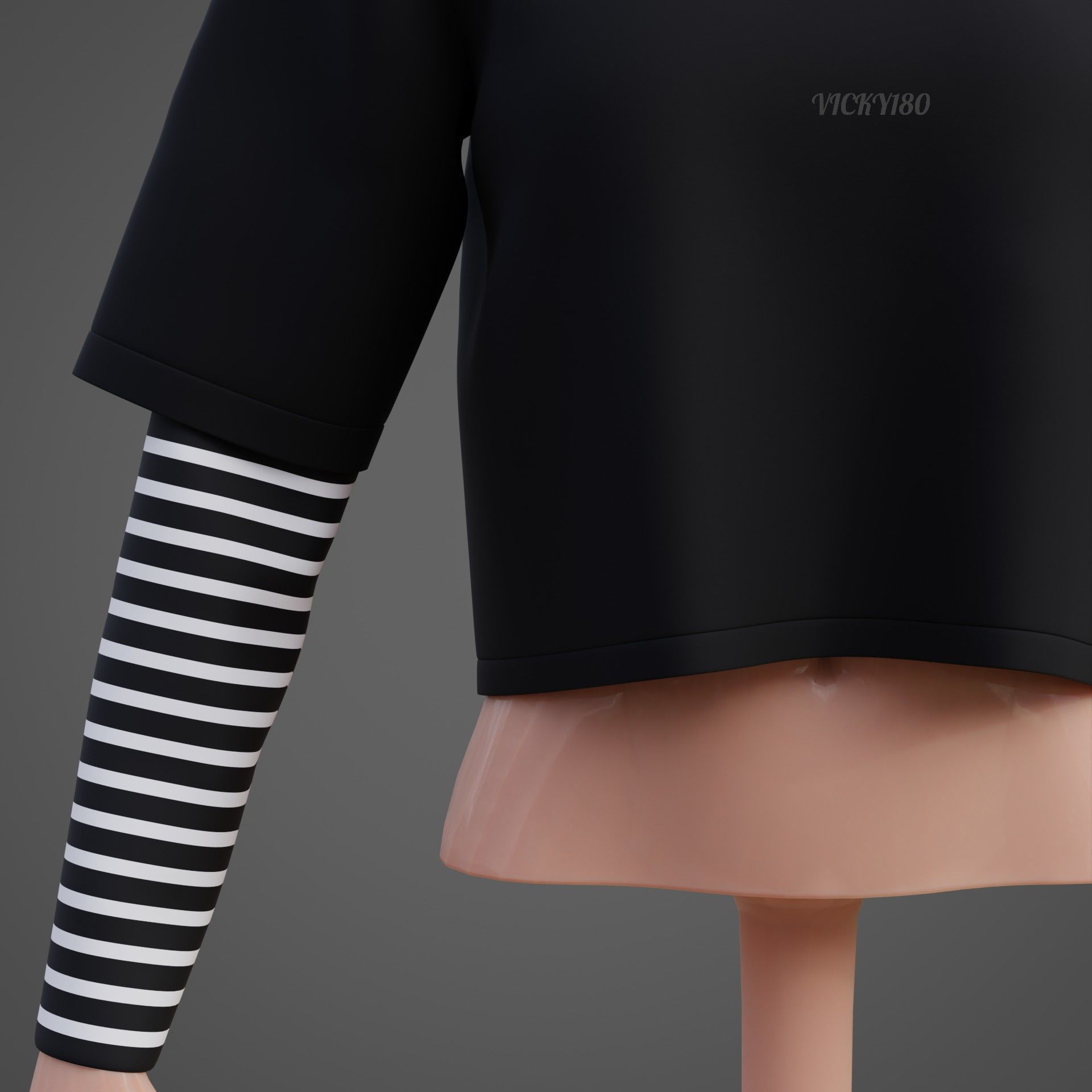 Y2K Grunge Crop top - Goth Stripes Long Sleeve 2piece punk shirt Low-poly 3D model_20