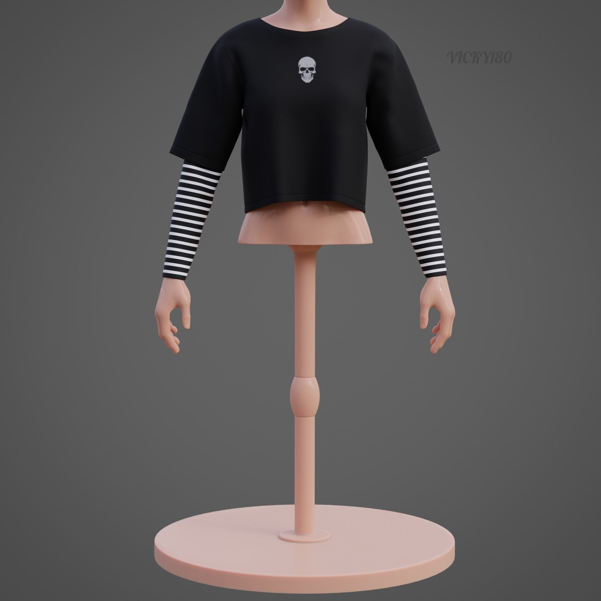 Y2K Grunge Crop top - Goth Stripes Long Sleeve 2piece punk shirt Low-poly 3D model_21