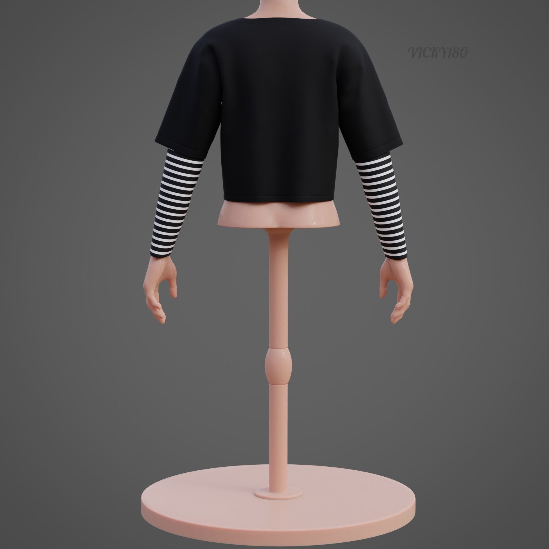 Y2K Grunge Crop top - Goth Stripes Long Sleeve 2piece punk shirt Low-poly 3D model_22