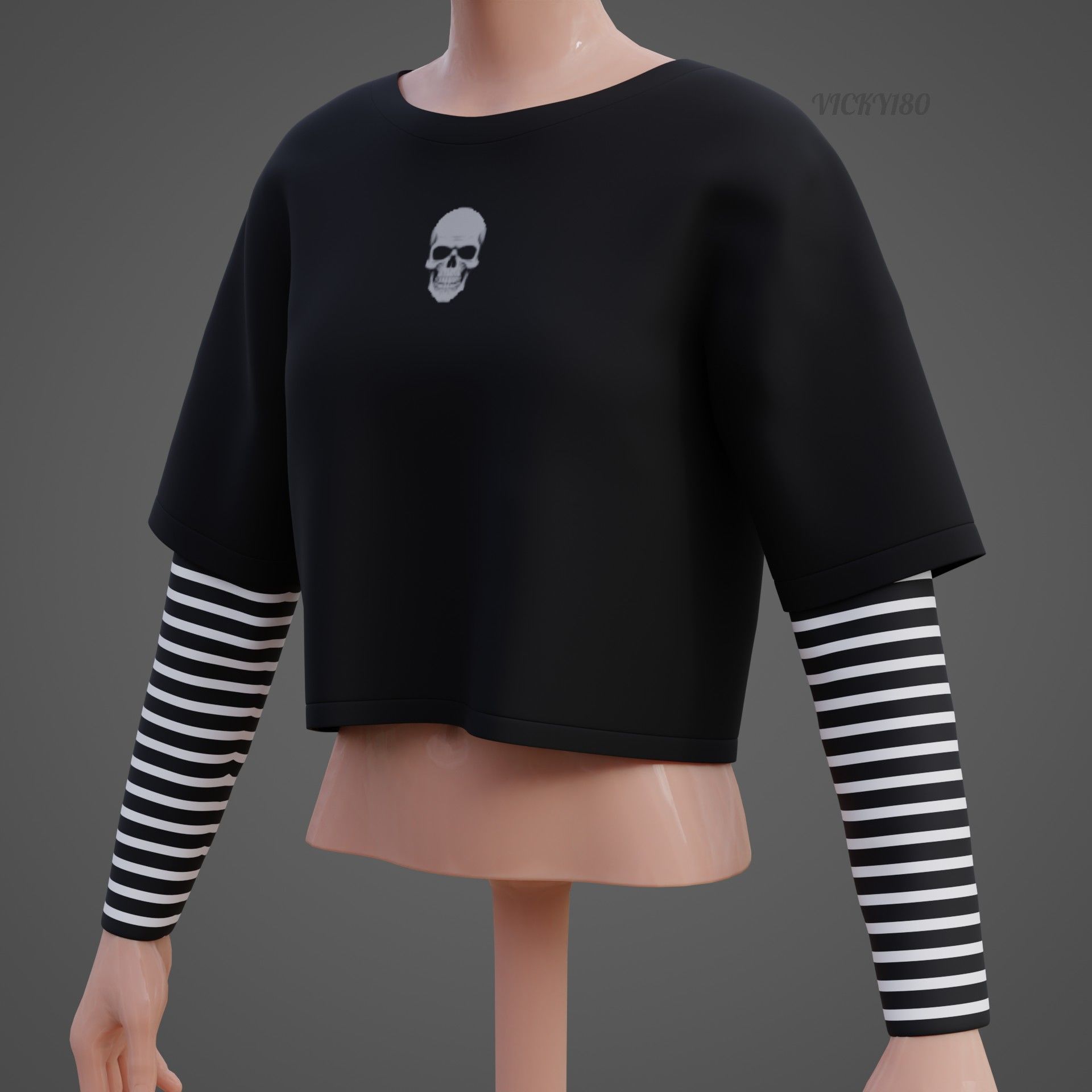 Y2K Grunge Crop top - Goth Stripes Long Sleeve 2piece punk shirt Low-poly 3D model_18