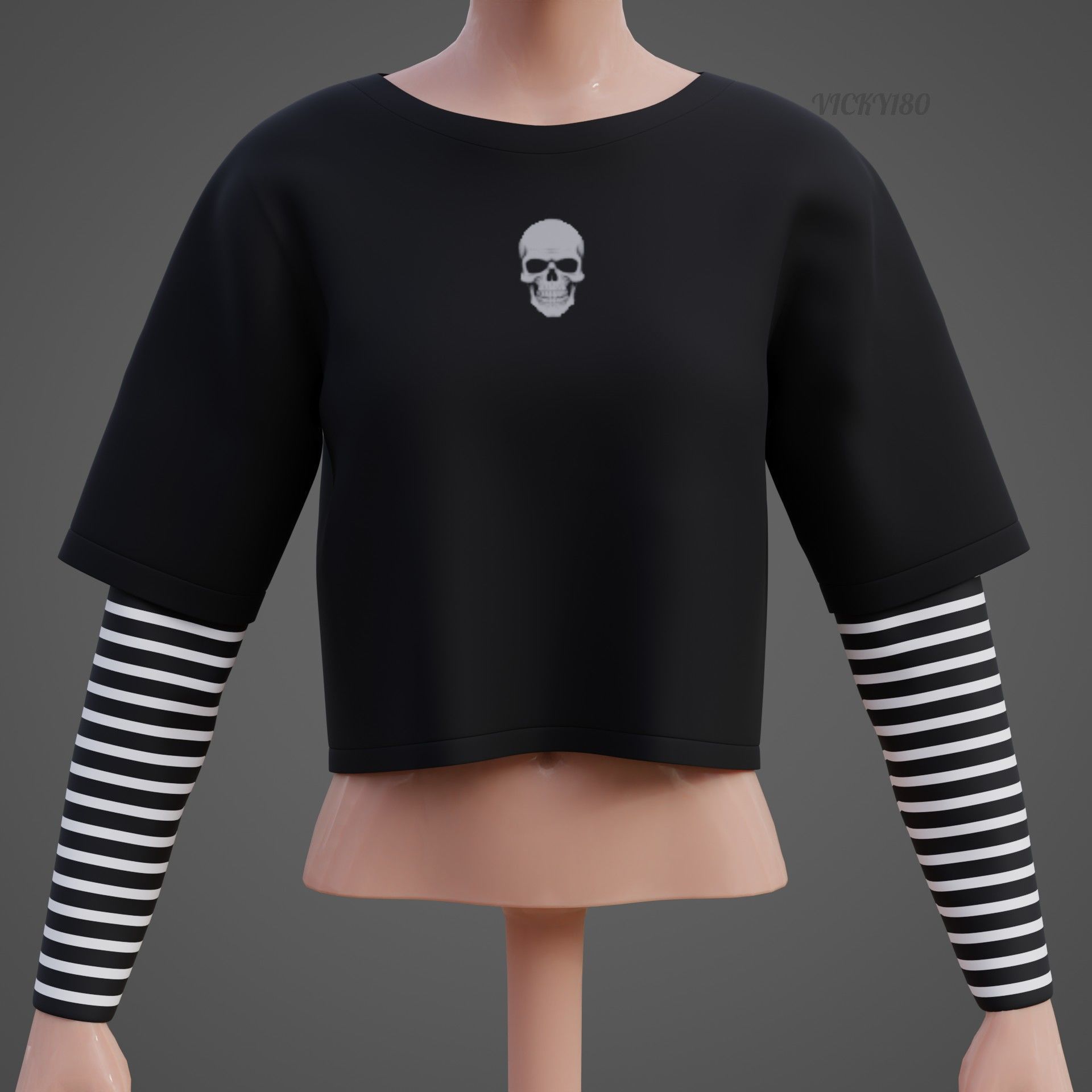 Y2K Grunge Crop top - Goth Stripes Long Sleeve 2piece punk shirt Low-poly 3D model_14