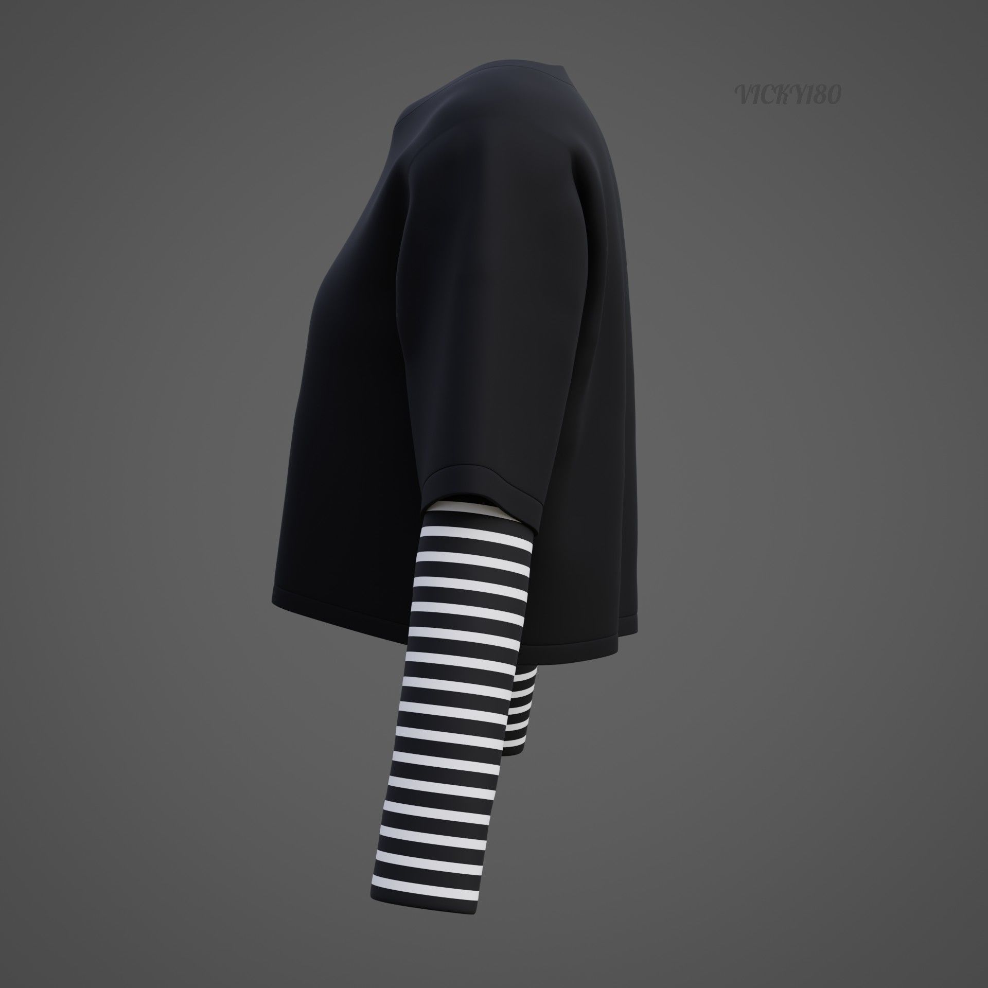 Y2K Grunge Crop top - Goth Stripes Long Sleeve 2piece punk shirt Low-poly 3D model_32