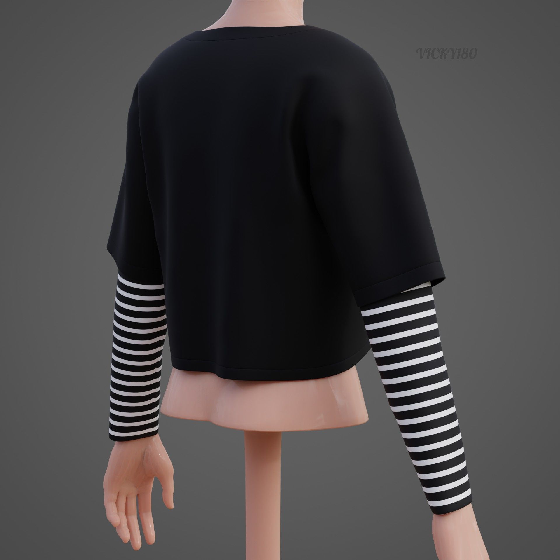 Y2K Grunge Crop top - Goth Stripes Long Sleeve 2piece punk shirt Low-poly 3D model_17