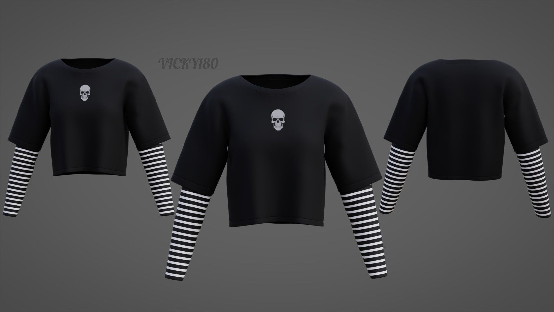 Y2K Grunge Crop top - Goth Stripes Long Sleeve 2piece punk shirt Low-poly 3D model_1