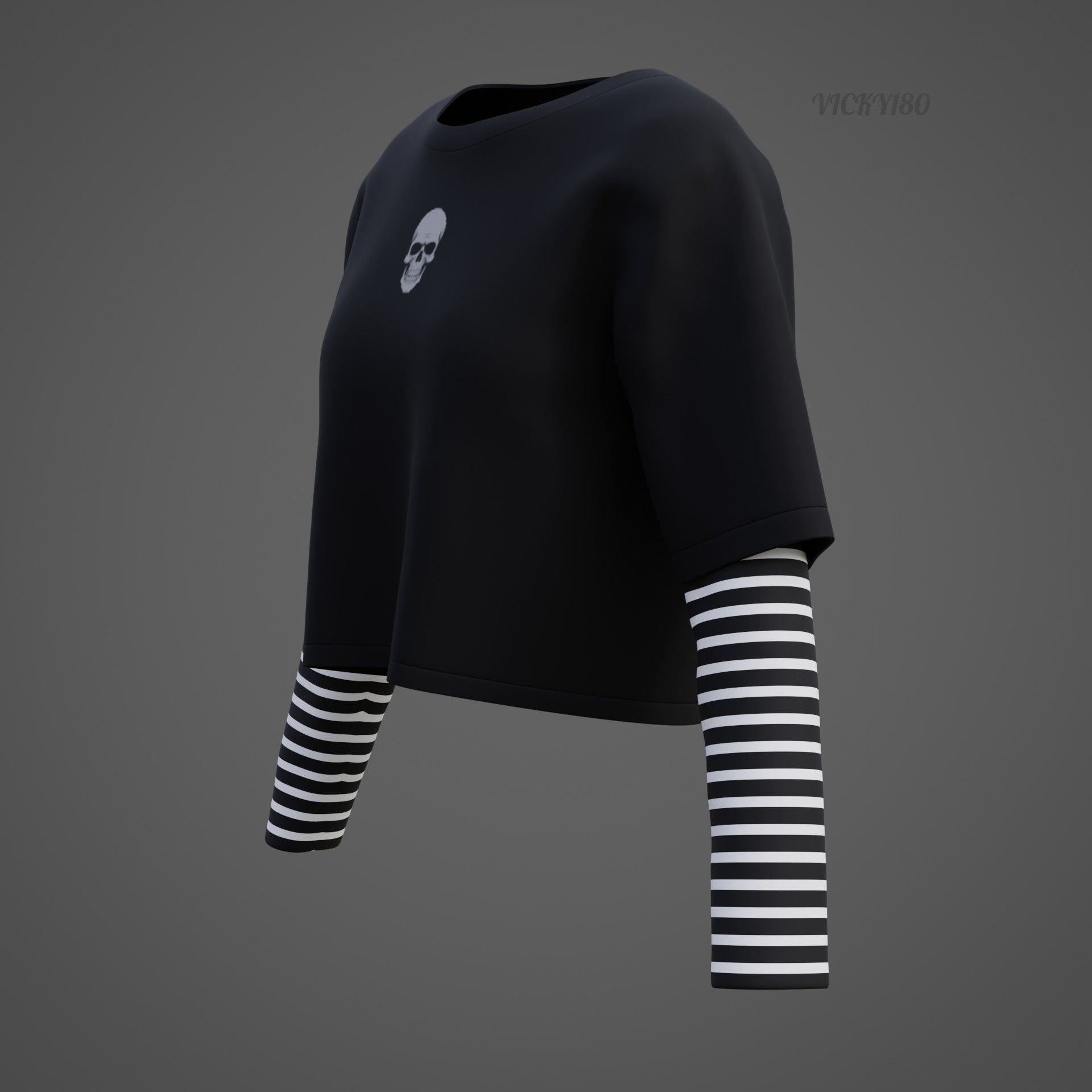 Y2K Grunge Crop top - Goth Stripes Long Sleeve 2piece punk shirt Low-poly 3D model_33