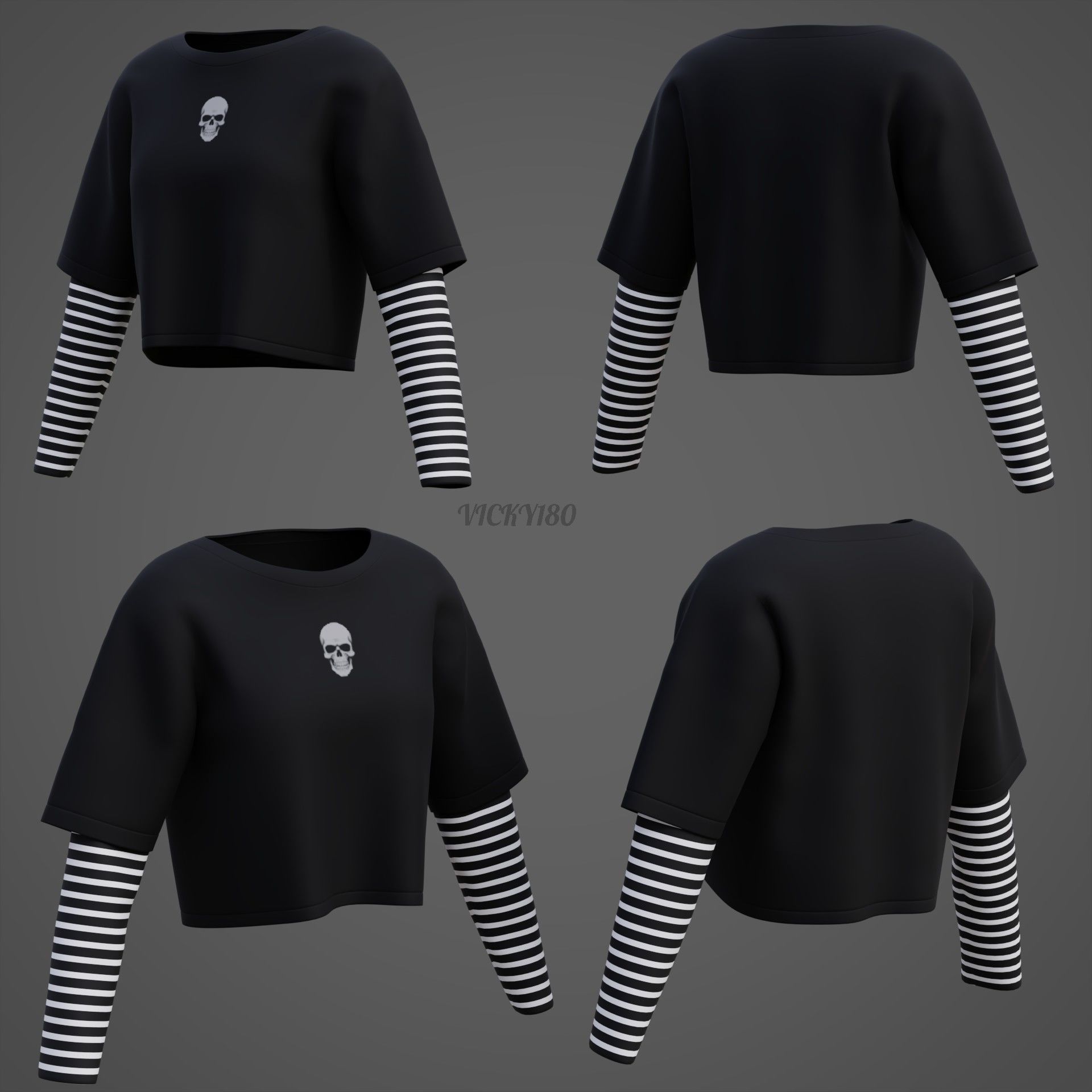 Y2K Grunge Crop top - Goth Stripes Long Sleeve 2piece punk shirt Low-poly 3D model_12