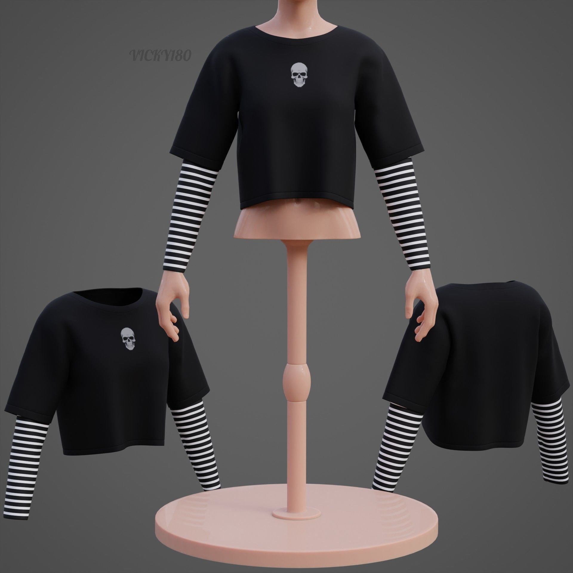 Y2K Grunge Crop top - Goth Stripes Long Sleeve 2piece punk shirt Low-poly 3D model_8