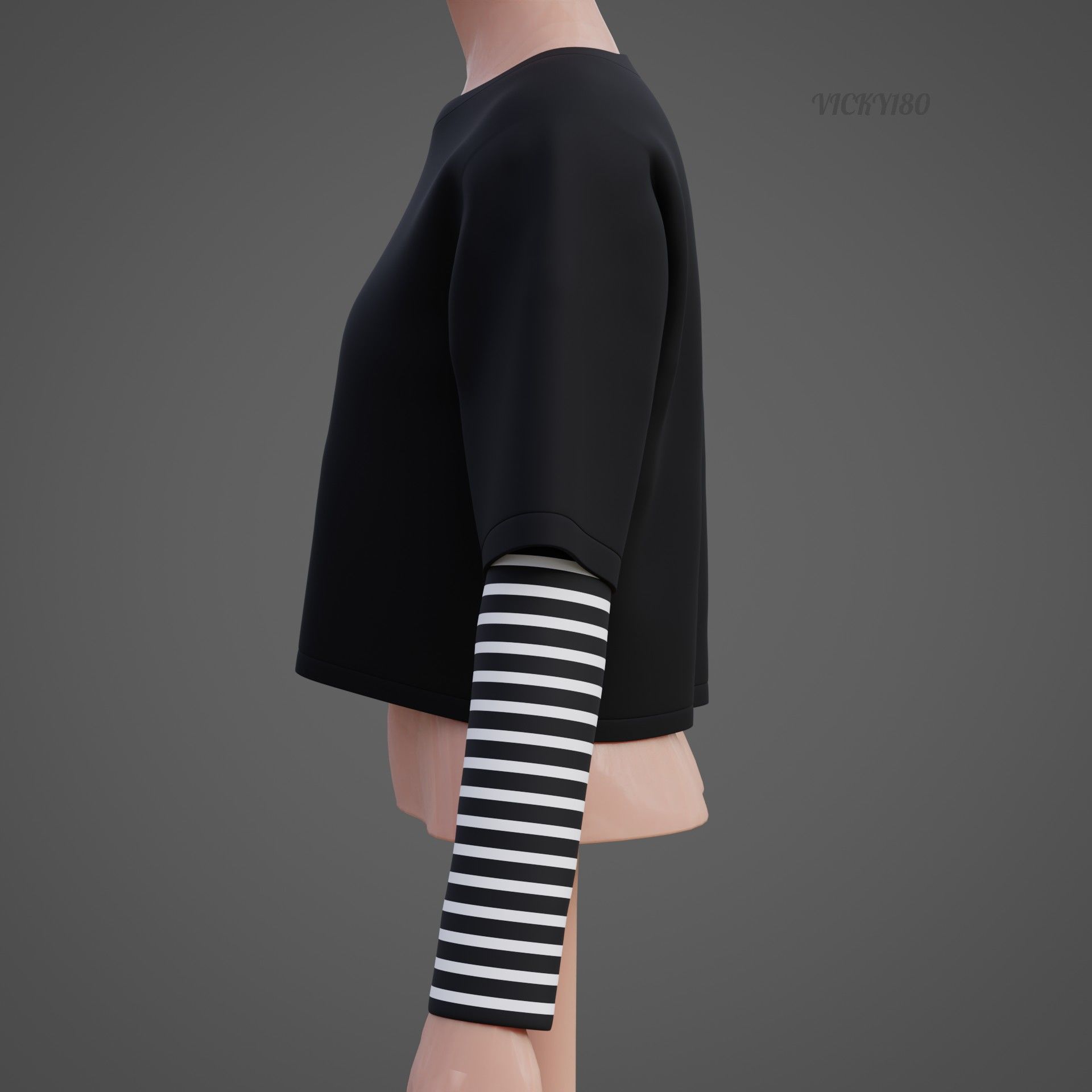 Y2K Grunge Crop top - Goth Stripes Long Sleeve 2piece punk shirt Low-poly 3D model_16