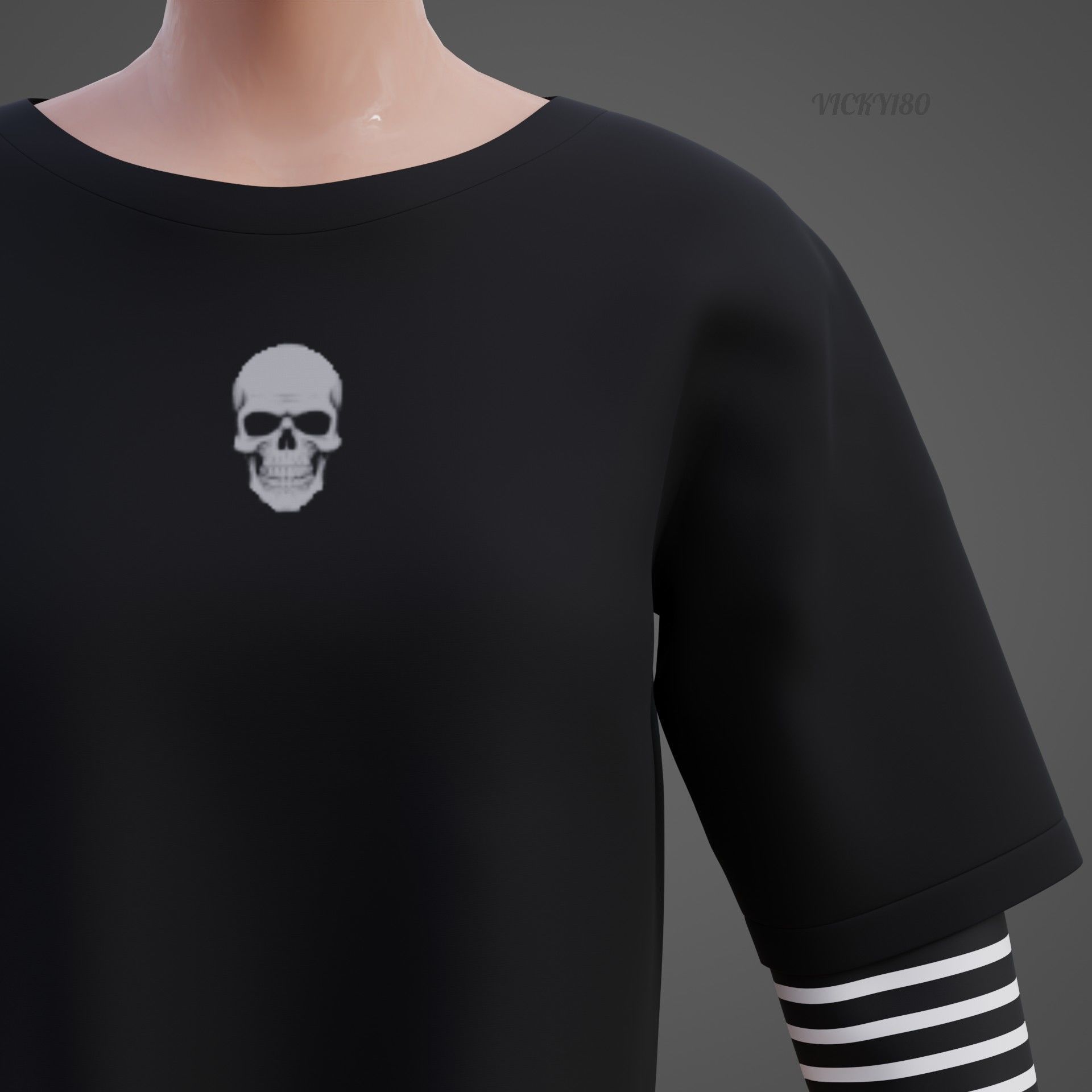 Y2K Grunge Crop top - Goth Stripes Long Sleeve 2piece punk shirt Low-poly 3D model_19