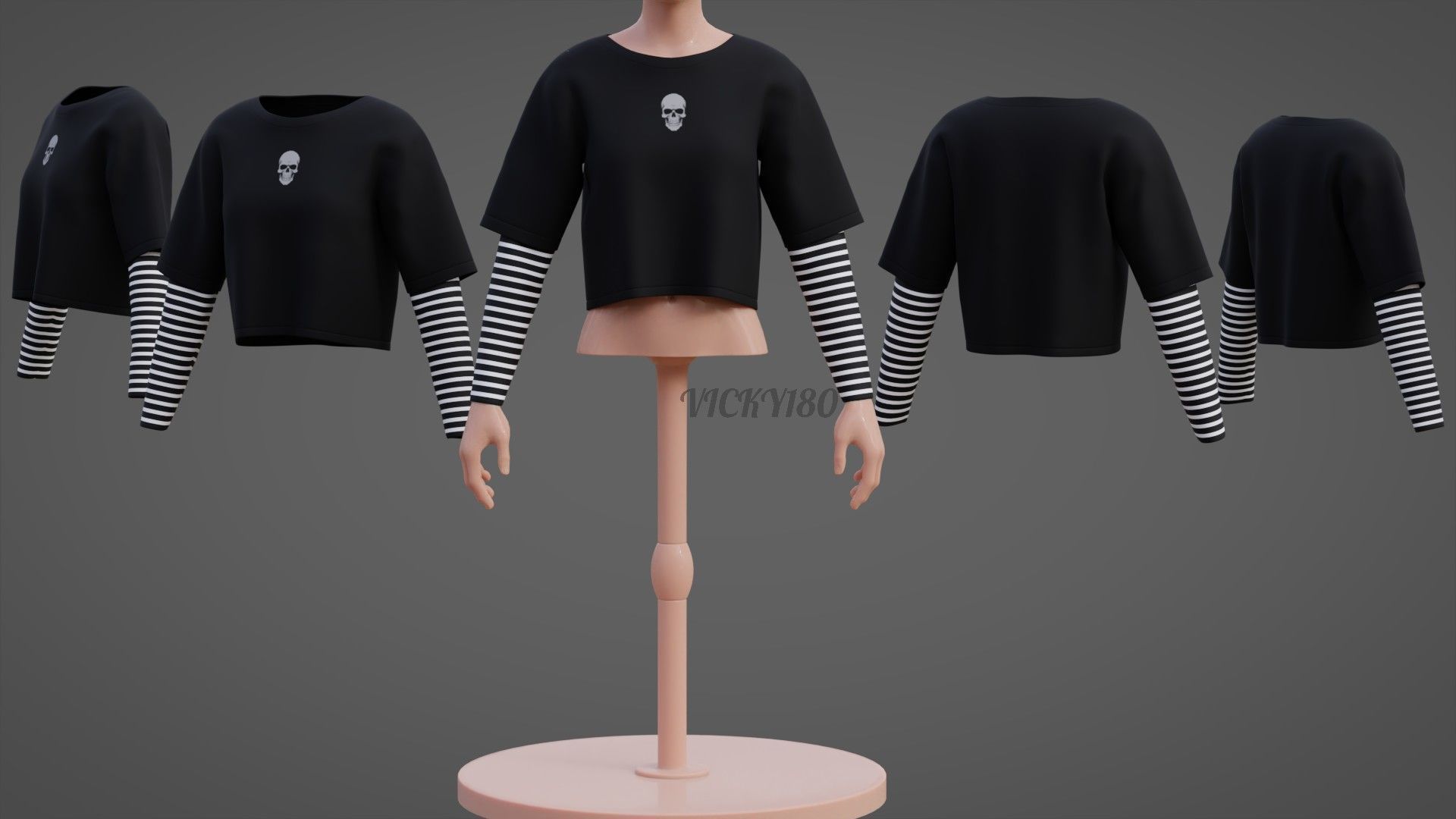 Y2K Grunge Crop top - Goth Stripes Long Sleeve 2piece punk shirt Low-poly 3D model_4