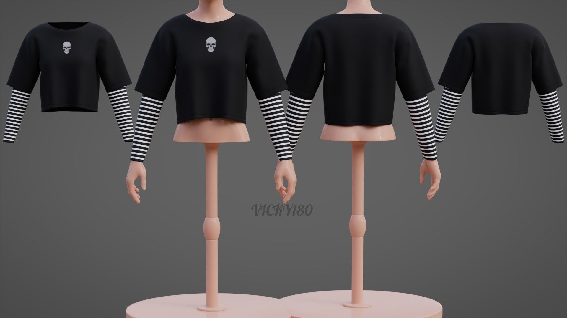 Y2K Grunge Crop top - Goth Stripes Long Sleeve 2piece punk shirt Low-poly 3D model_36